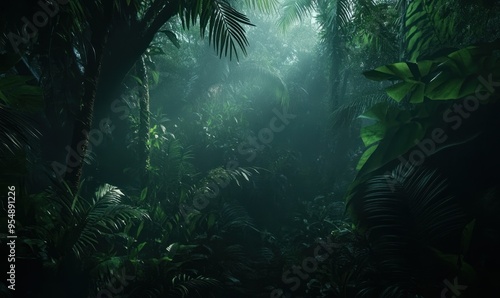 Tropical forest in darkness, with a dense and mysterious atmosphere.