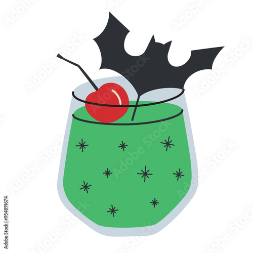 Vector illustration of Halloween cocktail garnished with spooky bat, shimmering punch with cherry, festive sangria drink for horror themed parties, mysterious green beverage, seasonal autumn menu