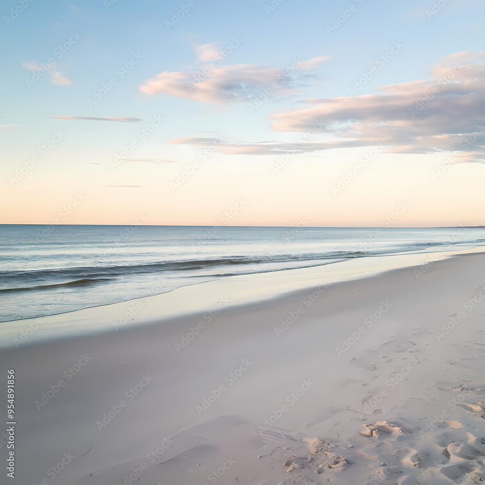 Obraz premium Footprints in the sand lead to a serene beach, with gentle waves lapping at the shore under a clear blue sky.