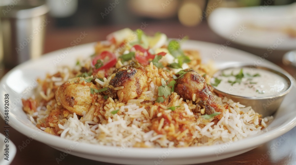 A delicious plate of chicken biryani, layered with fragrant basmati rice, tender marinated chicken, and aromatic spices, served with raita on the side. A delicious plate of chicken biryani, layered with fragrant basmati rice, tender marinated chicken, and aromatic spices, served with raita on the side.