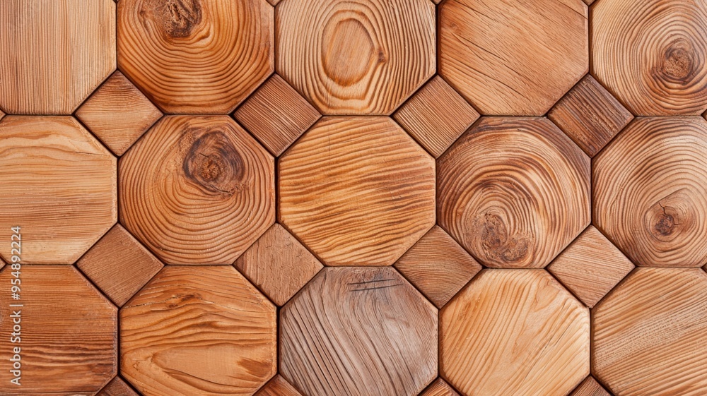Obraz premium A close-up view of a beautifully arranged wooden hexagonal pattern, showcasing natural textures and rich brown tones.