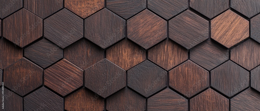 A close-up view of intricate hexagonal wooden tiles, showcasing various shades of brown and a captivating geometric pattern. A close-up view of intricate hexagonal wooden tiles, showcasing various shades of brown and a captivating geometric pattern.