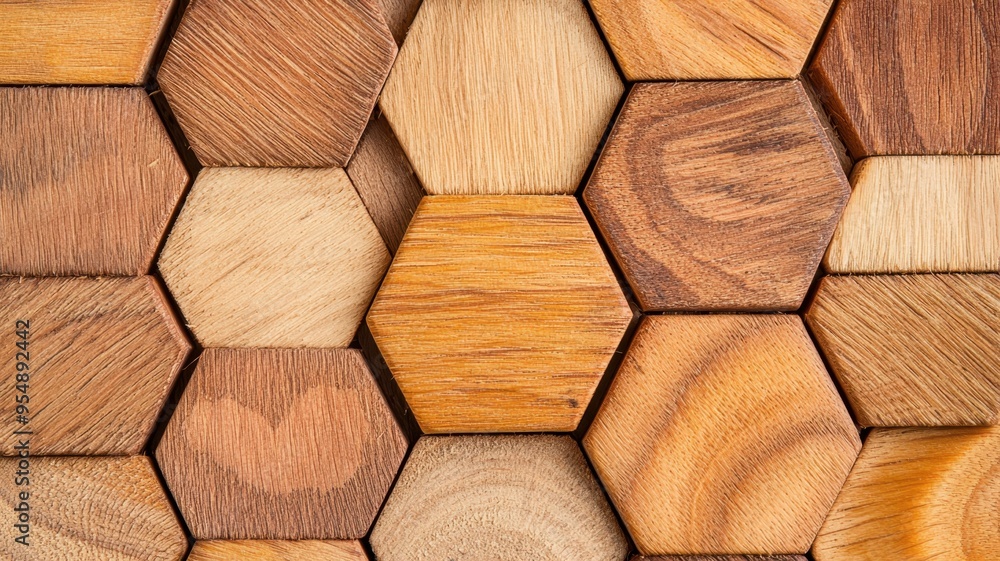Fototapeta premium A close-up view of wooden hexagonal tiles, showcasing a variety of textures and colors, perfect for interior design themes.