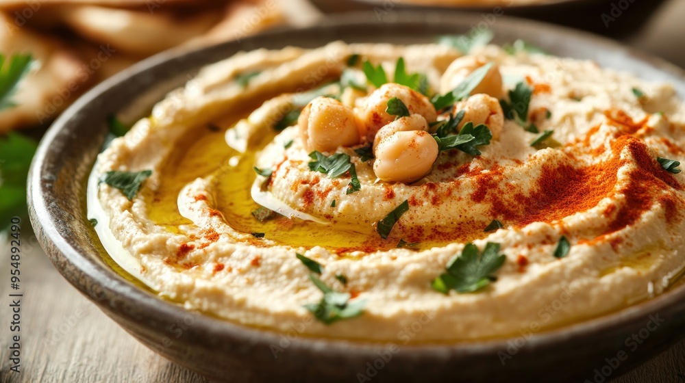 Close-up of Creamy Hummus with Chickpeas, Parsley, and Olive Oil Close-up of Creamy Hummus with Chickpeas, Parsley, and Olive Oil