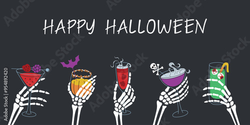 Happy Halloween banner with lettering, spooky vector illustrations of skeleton hands holding colorful cocktails. Halloween party invitation or decoration. Flat cartoon elements on dark background