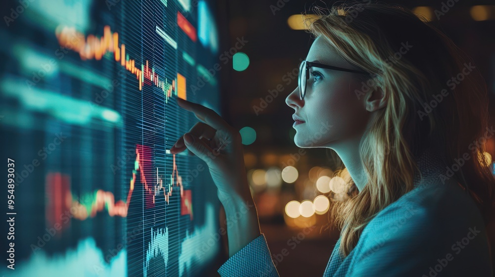 Financial trade manager analyzing stock market data on a digital display, strategizing investments. Financial trade manager analyzing stock market data on a digital display, strategizing investments.