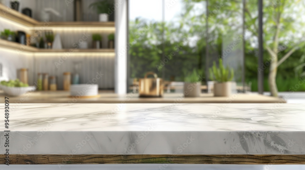 Counter Top. White Marble Table in Modern Kitchen Room with Wooden Blur Background Counter Top. White Marble Table in Modern Kitchen Room with Wooden Blur Background