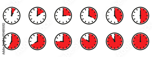 Time and clock icon set. Half past of the clock sign.Complete twelve hours pointed clockwise o'clock vector illustration. Analog wall clocks icons set.