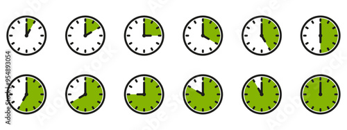 Time and clock icon set. Half past of the clock sign.Complete twelve hours pointed clockwise o'clock vector illustration. Analog wall clocks icons set.