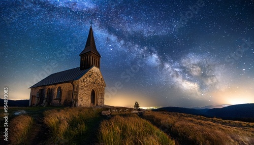 Old church with milky way at night