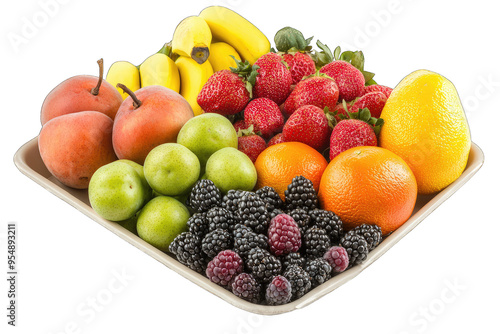 A vibrant assortment of fresh fruits, including bananas, apples, strawberries, and citrus varieties on a wooden platter.