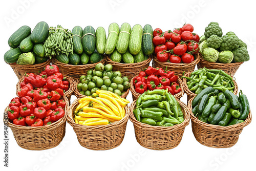 Colorful assortment of fresh vegetables in baskets, perfect for healthy eating and vibrant cooking. photo