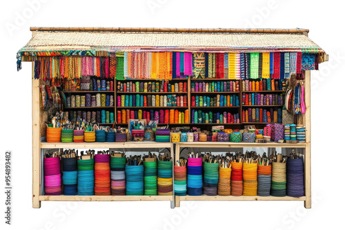 Colorful craft store showcasing vibrant threads and woven textiles, perfect for artisans and creativity enthusiasts.