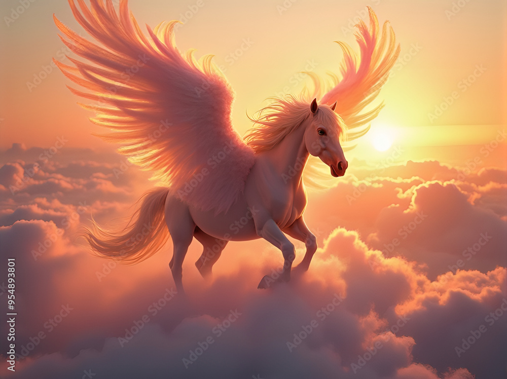 A magnificent horse with transparent wings gallops through a glowing cloud over a sunlit valley at sunset, a majestic spectacle of power and beauty A magnificent horse with transparent wings gallops through a glowing cloud over a sunlit valley at sunset, a majestic spectacle of power and beauty