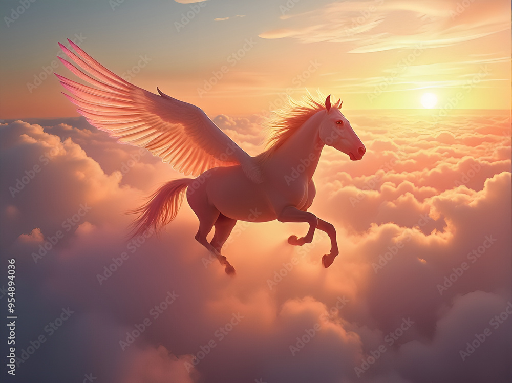 A magnificent horse with transparent wings gallops through a glowing cloud over a sunlit valley at sunset, a majestic spectacle of power and beauty A magnificent horse with transparent wings gallops through a glowing cloud over a sunlit valley at sunset, a majestic spectacle of power and beauty
