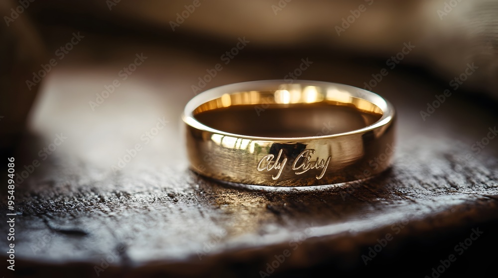 Closeup photograph showcasing an elegant wedding band made of precious metal with delicate engraved initials representing the eternal bond and devotion of a loving partnership