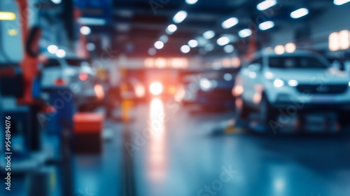 Wallpaper Mural A blurred view of a busy automotive workshop with vehicles and equipment in the background. Torontodigital.ca