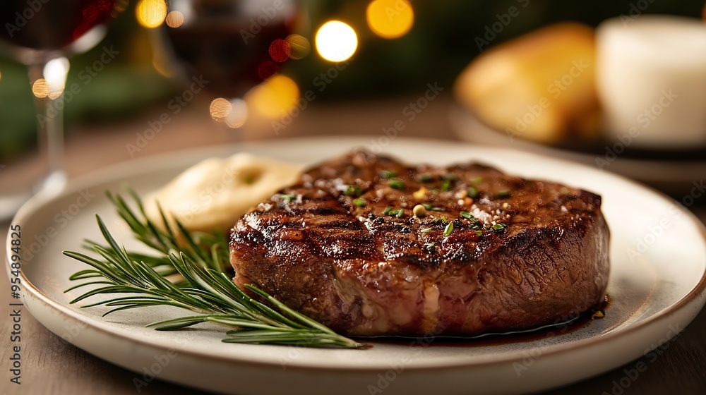 A well-arranged plate featuring perfectly seasoned and cooked meat A well-arranged plate featuring perfectly seasoned and cooked meat