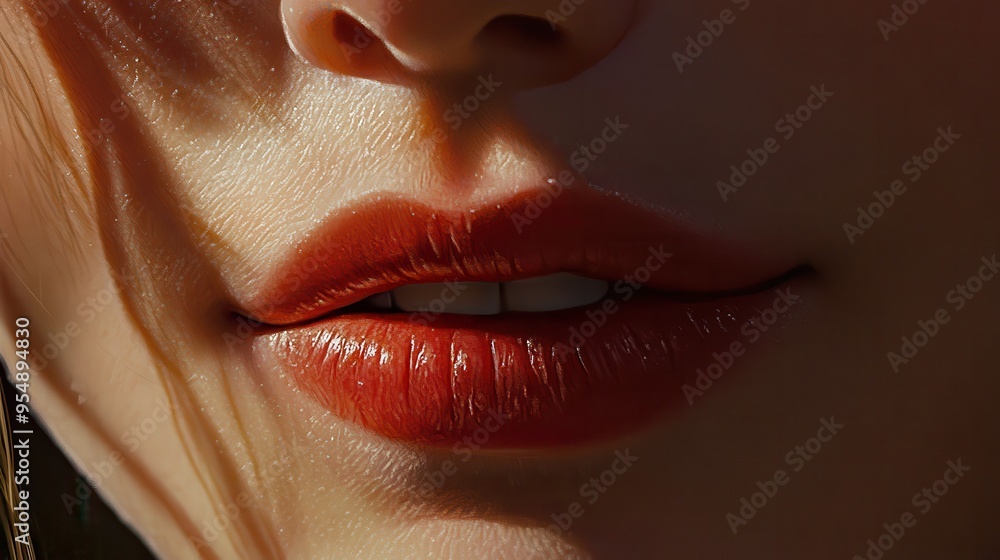 Lips gently curved into a slight smile, showcasing a rich red hue, illuminated by warm light in a serene atmosphere