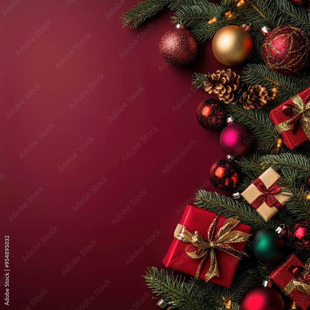 Christmas greeting card background with multicolored pine branches, vibrant ornaments, and gift boxes wrapped in shimmering ribbons on dark red background. Merry Christmas and new year background Christmas greeting card background with multicolored pine branches, vibrant ornaments, and gift boxes wrapped in shimmering ribbons on dark red background. Merry Christmas and new year background
