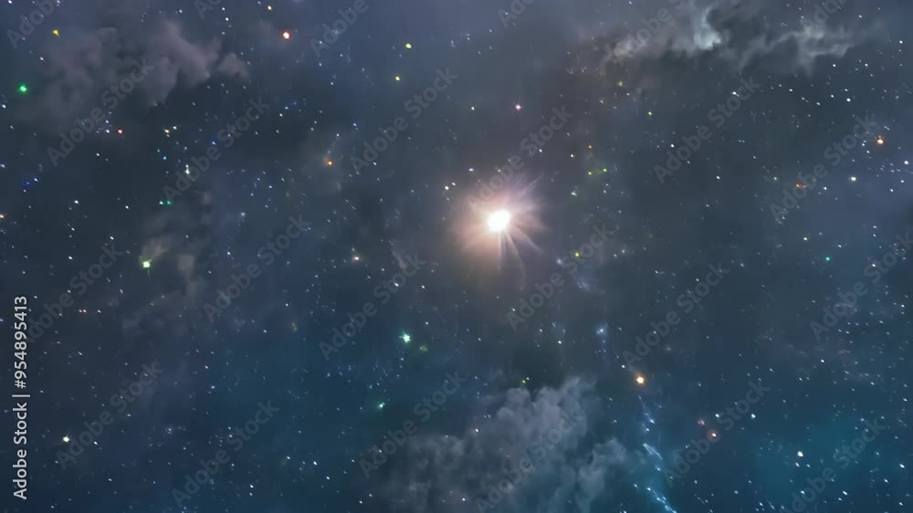 Star-filled night sky with a bright celestial object shining in the center, surrounded by distant stars and cosmic clouds Star-filled night sky with a bright celestial object shining in the center, surrounded by distant stars and cosmic clouds