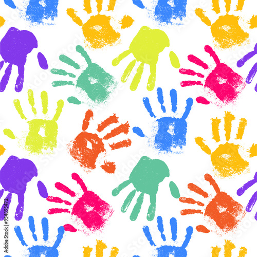Children seamless pattern colored of hand print. Colorful kid handprint background. Children's handprints vector illustration of a prints of palms. Template kids hands, watercolor, baby palms.