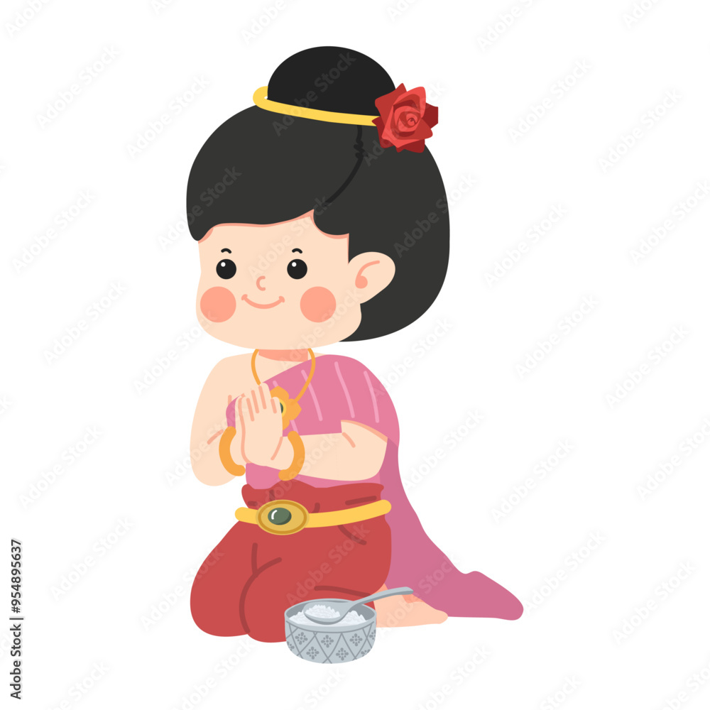 girl in a Thai traditional greeting with offering food girl in a Thai traditional greeting with offering food
