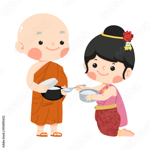 Woman giving alms make merit offer food with monk