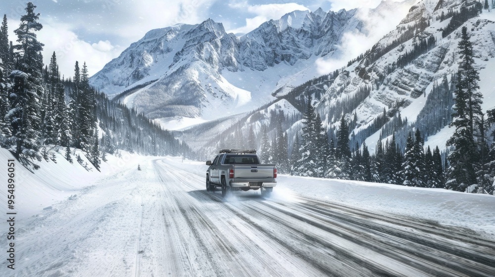 Envision a pickup truck driving through a snowy mountain pass, carrying skiers and snowboarders to a remote slope. Envision a pickup truck driving through a snowy mountain pass, carrying skiers and snowboarders to a remote slope.