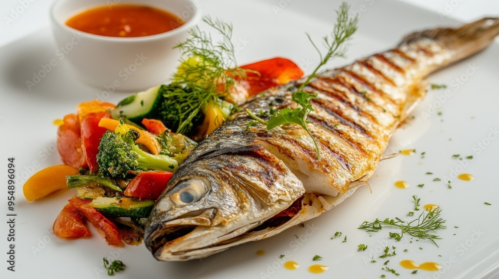 A dish of grilled fish with a colorful side of steamed vegetables and a small bowl of spicy sauce, displayed on a white background for a vibrant presentation. A dish of grilled fish with a colorful side of steamed vegetables and a small bowl of spicy sauce, displayed on a white background for a vibrant presentation.