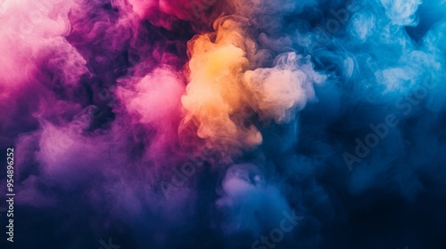 A dramatic burst of colorful smoke in shades of pink, blue, and yellow, swirling and blending together against a dark background.