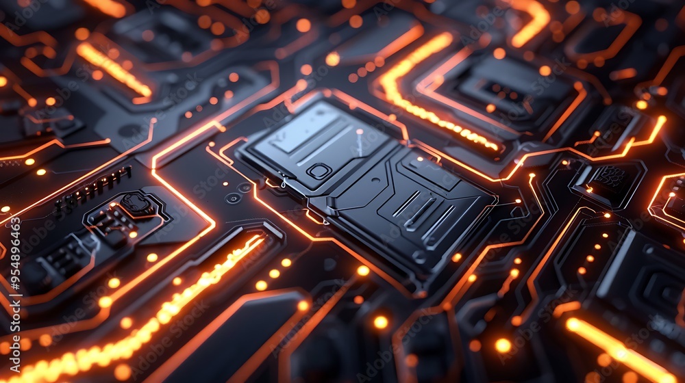 Close-up of a circuit board with orange glowing lines, emphasizing the futuristic technology and complexity of the circuitry. Close-up of a circuit board with orange glowing lines, emphasizing the futuristic technology and complexity of the circuitry.