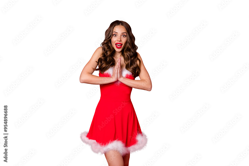 Portrait of impressed lady with long wavy curly hairstyle screaming wow omg wearing stylish dress skirt isolated over red background Portrait of impressed lady with long wavy curly hairstyle screaming wow omg wearing stylish dress skirt isolated over red background