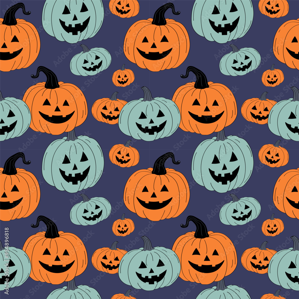 Cartoon repeating Halloween background with funny pumpkins lantern. Hand drawn vector Seamless pattern for autumn holiday, autumnal decorative ornament for banner, flyer, paper, print, wrapping, card Cartoon repeating Halloween background with funny pumpkins lantern. Hand drawn vector Seamless pattern for autumn holiday, autumnal decorative ornament for banner, flyer, paper, print, wrapping, card