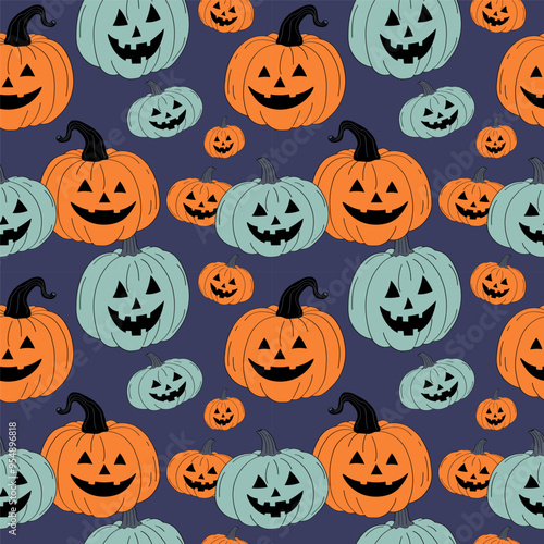 Cartoon repeating Halloween background with funny pumpkins lantern. Hand drawn vector Seamless pattern for autumn holiday, autumnal decorative ornament for banner, flyer, paper, print, wrapping, card