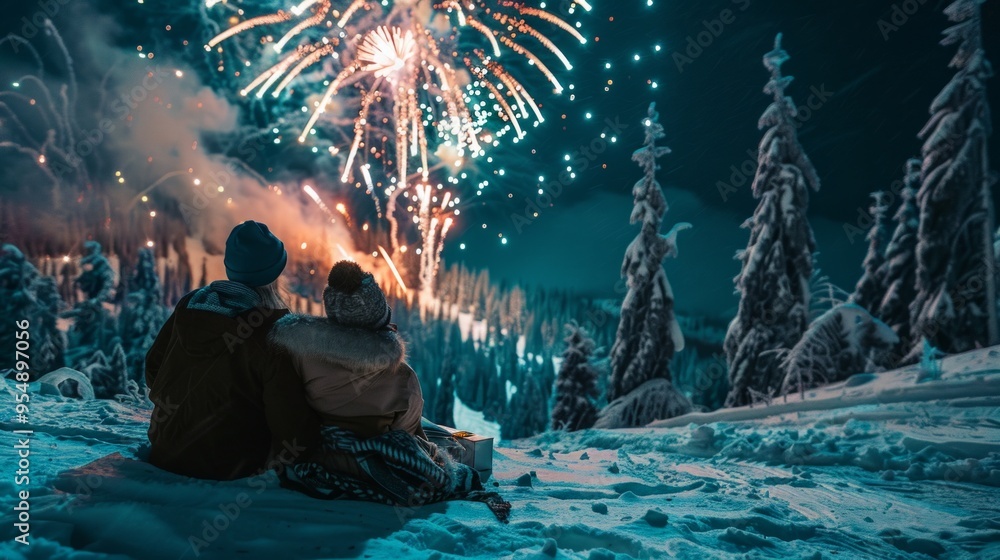 Fototapeta premium Envision a romantic New Year's Eve moment on a snowy mountaintop.