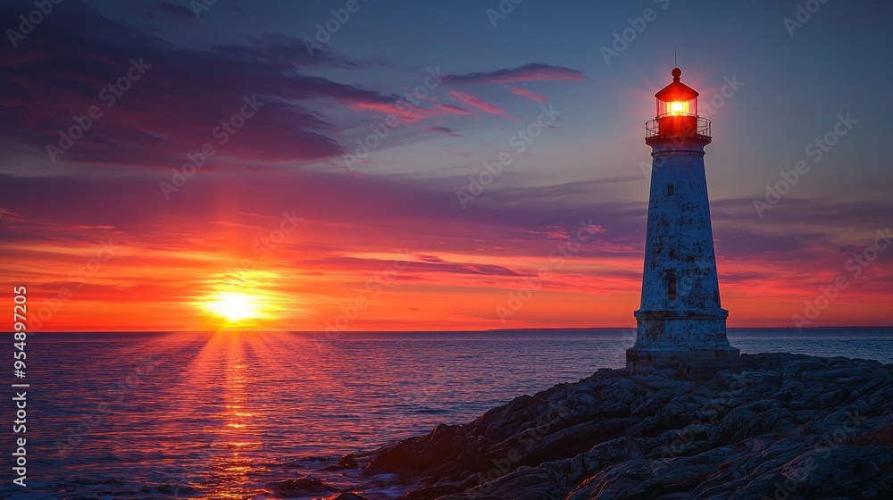 Lighthouse at sunset with dramatic clouds over the ocean Lighthouse at sunset with dramatic clouds over the ocean