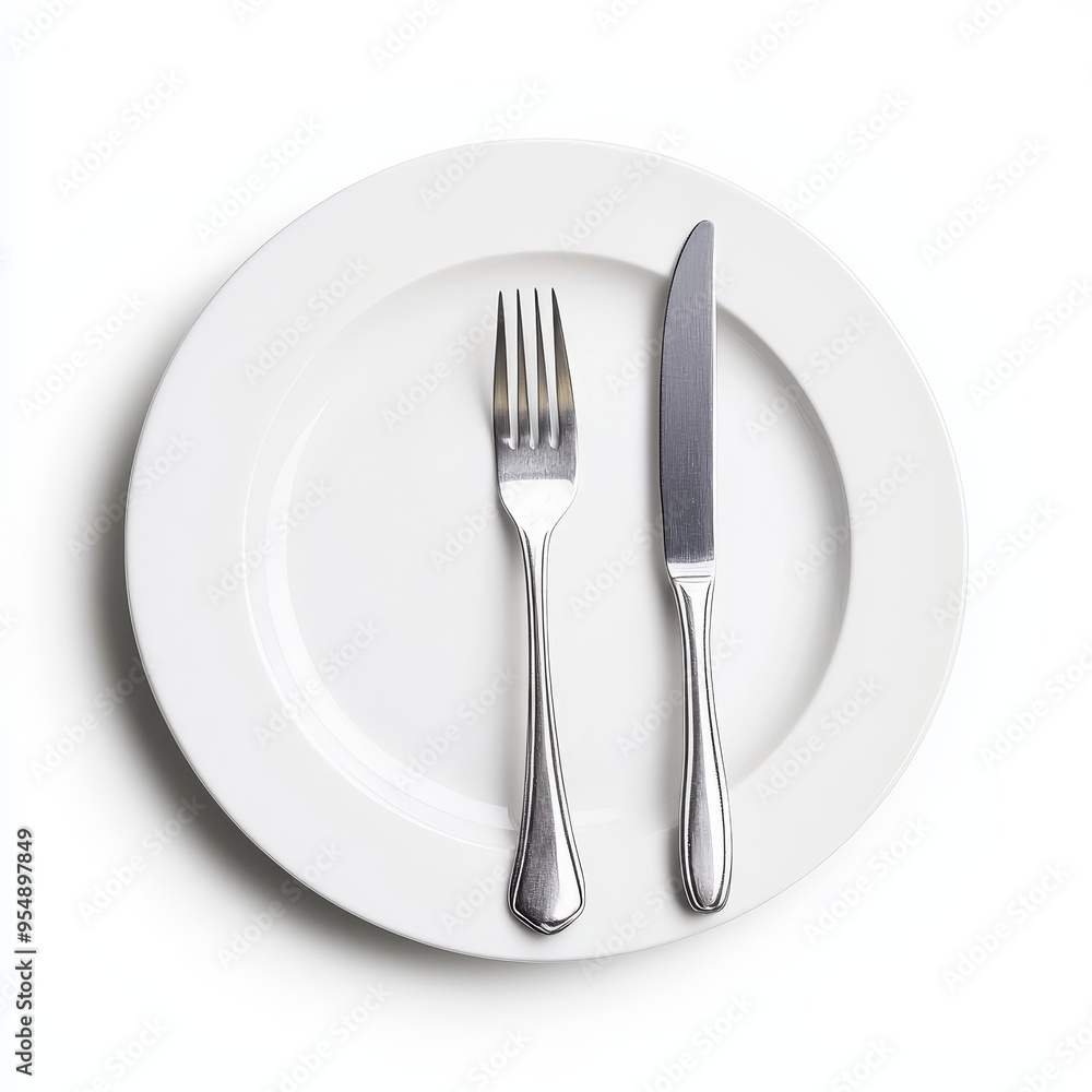 A clean, white dinner plate with a silver fork and knife, isolated on white A clean, white dinner plate with a silver fork and knife, isolated on white