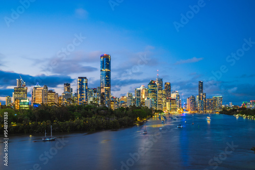 Brisbane skyline by brisbane river at night, capital of Queensland, Australia