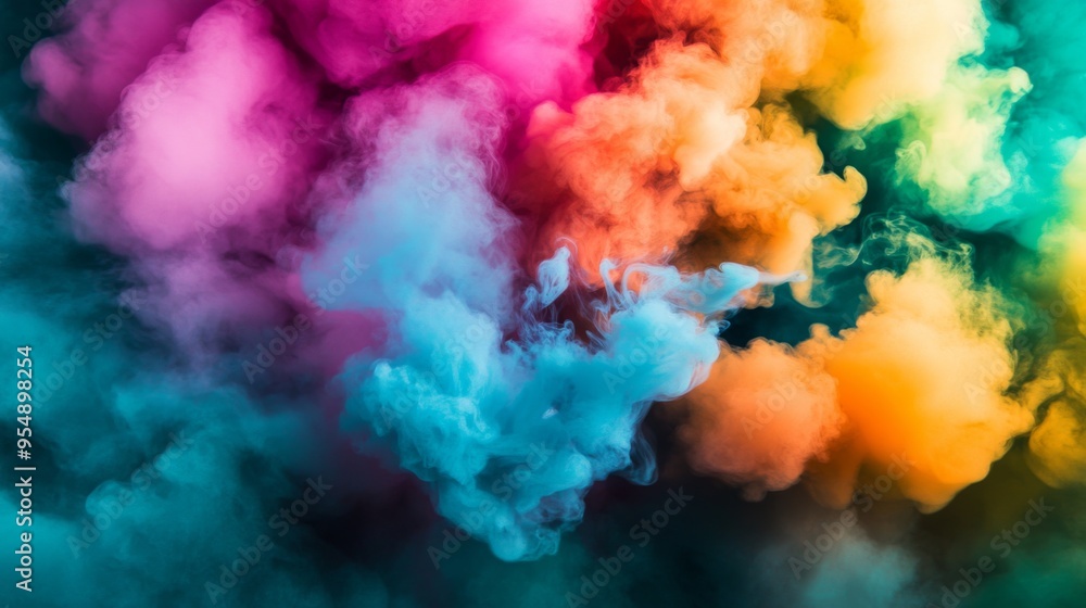 A dynamic shot of colorful smoke enveloping a model or object, with vivid colors like magenta, cyan, and lime green creating a visually captivating scene. A dynamic shot of colorful smoke enveloping a model or object, with vivid colors like magenta, cyan, and lime green creating a visually captivating scene.
