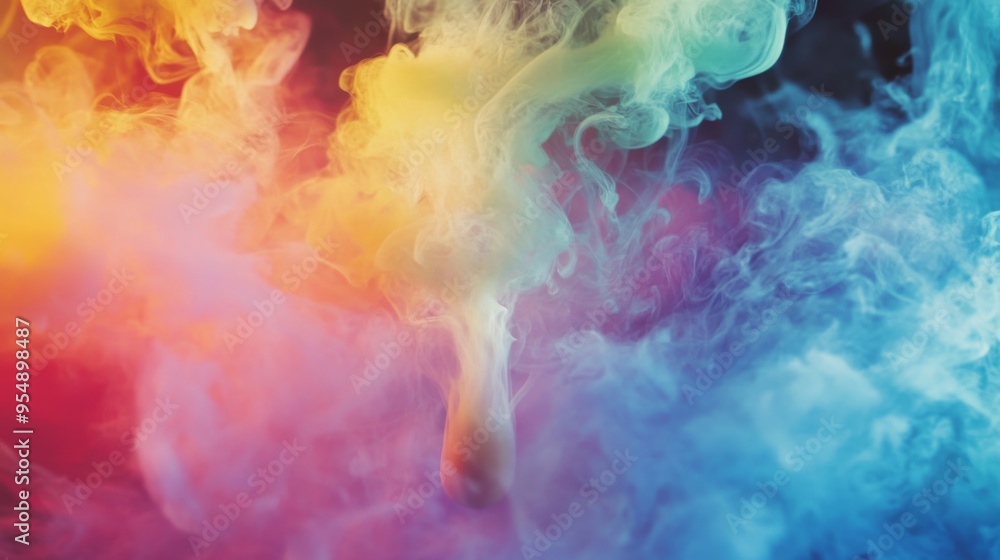 A dynamic shot of colorful smoke enveloping a model or object, with vivid colors like magenta, cyan, and lime green creating a visually captivating scene. A dynamic shot of colorful smoke enveloping a model or object, with vivid colors like magenta, cyan, and lime green creating a visually captivating scene.