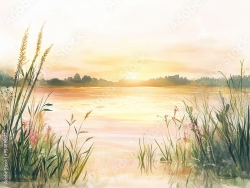 Watercolor Painting of a Peaceful Sunset Over a Lake with Grass in the Foreground.