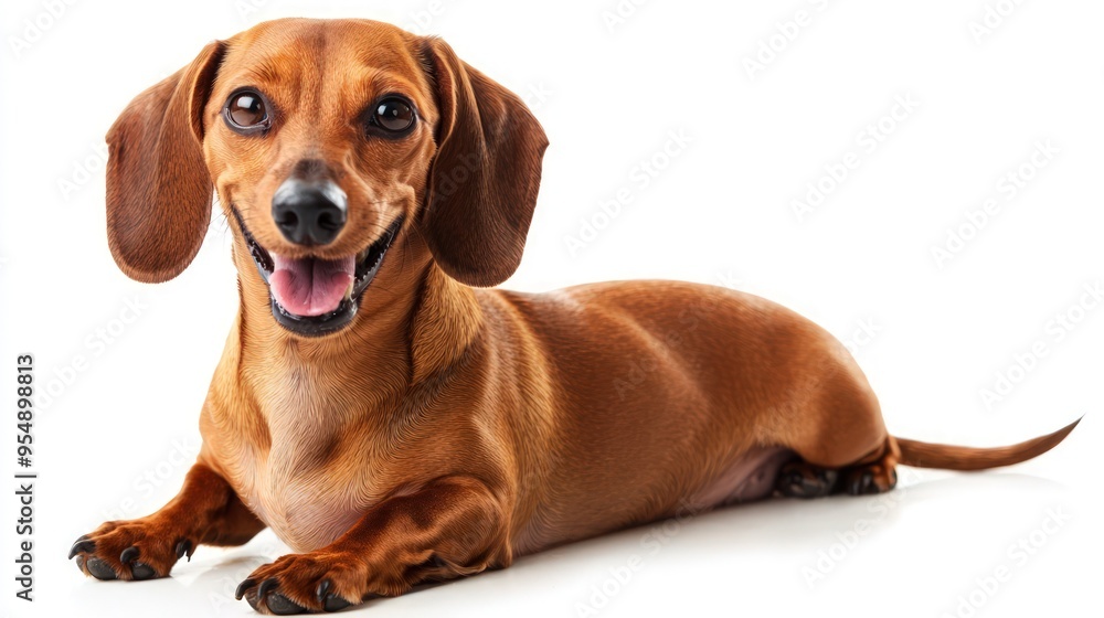 Playful dachshund dog posing happily, isolated on white, emphasizing joy and energy. Playful dachshund dog posing happily, isolated on white, emphasizing joy and energy.