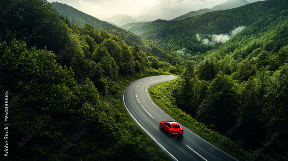 Fototapeta premium EV (Electric Vehicle) electric car is driving on a winding road 