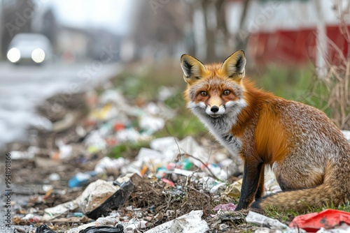 Red Fox Amidst Trash and Rubbish in Urban Setting photo