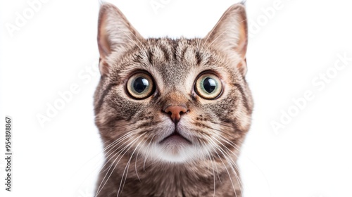 Portrait of a surprised cat looking directly at the camera, isolated on white.