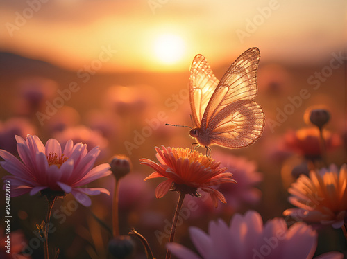 A transparent-winged butterfly fluttering over a vibrant meadow at sunrise is a stunning sight that highlights the beauty of nature  photo