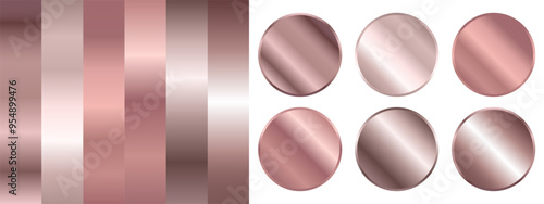 Rose gold or copper realistic texture gradient.  Set of metal round frames, icons or medals