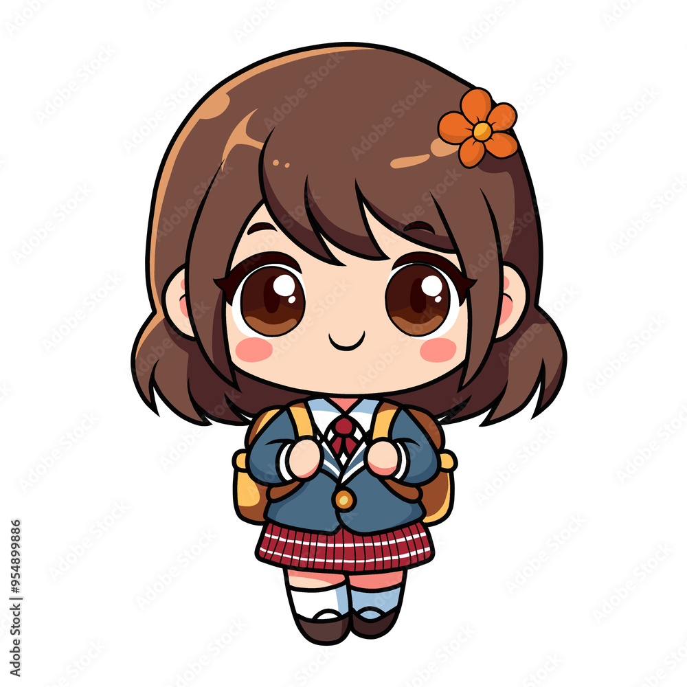 illustration of a cute chibi cartoon girl wearing uniform with backpack illustration of a cute chibi cartoon girl wearing uniform with backpack