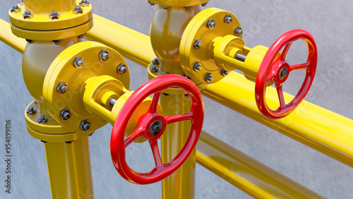 Gas pipes close-up. Red val...